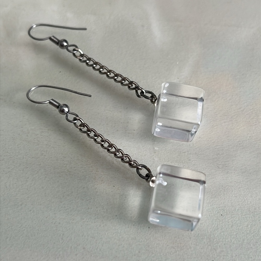 Vintage Clear Lucite Cube Earrings with Silver Chain